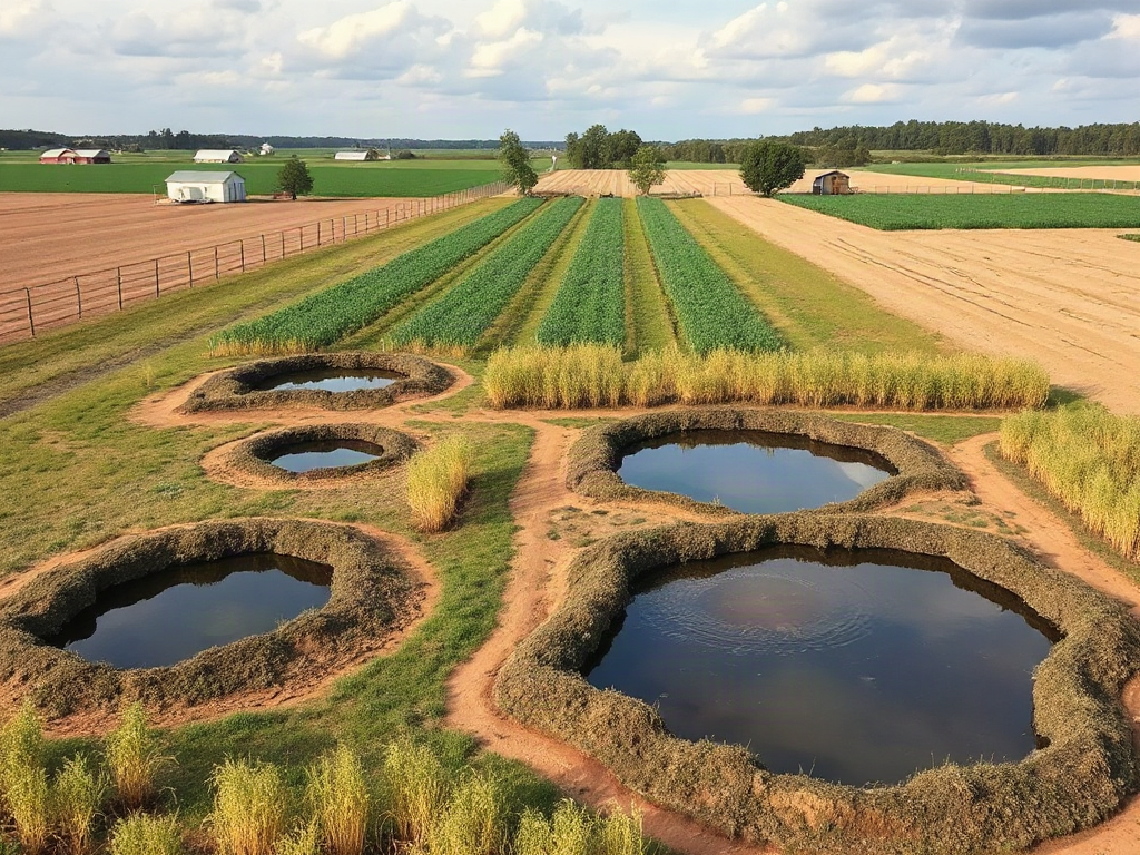 Self-sufficient farm layout for water, food, and access